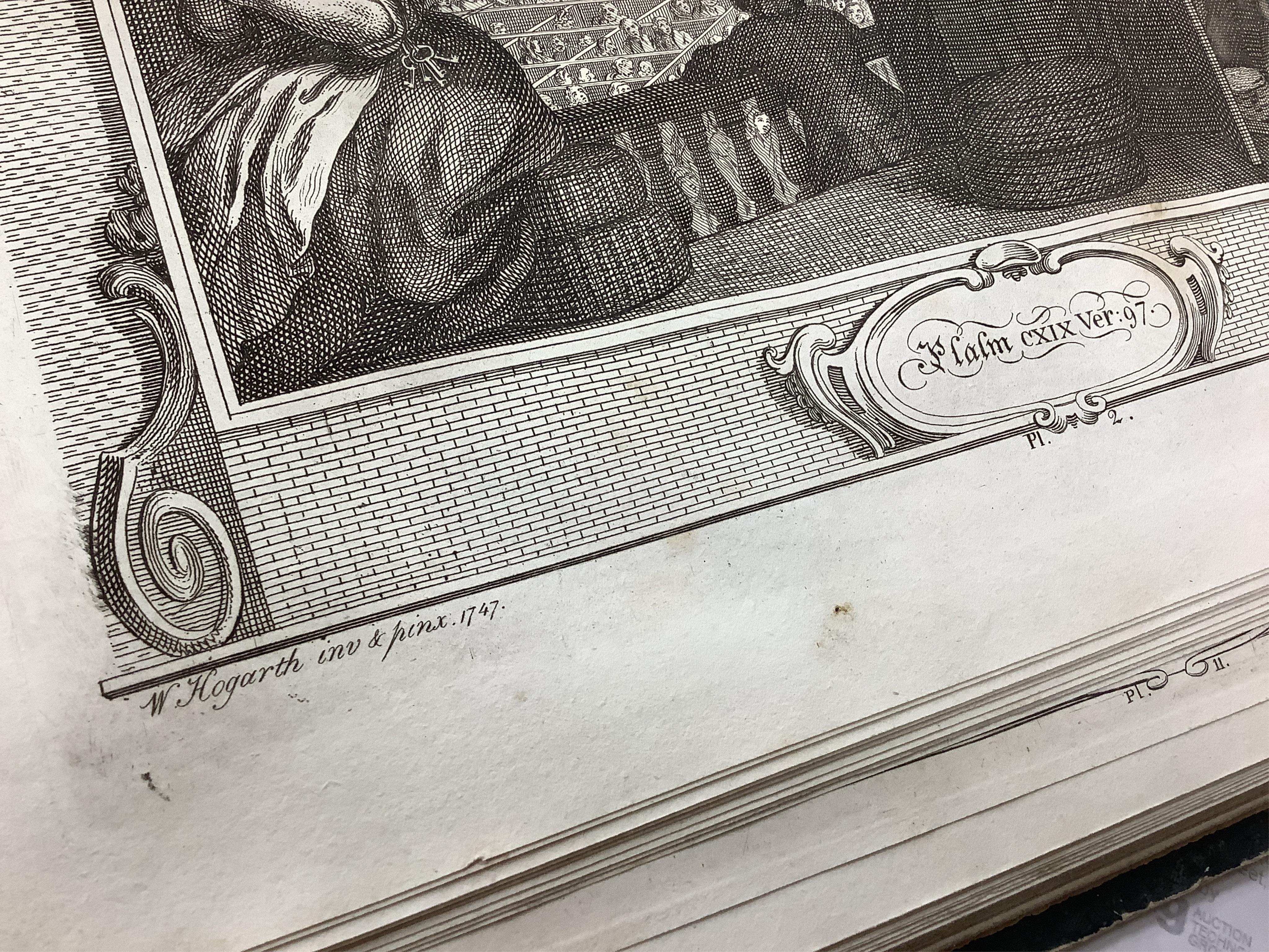 An album of 18th century and later etchings after William Hogarth (1697-1764), to include 'The Reward of Cruelty', 'Strolling Actresses Dressing in a Barn' and 'The Company of Undertakers', with handwritten ink itinerary